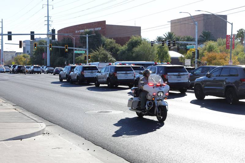 LAS VEGAS, NEVADA - DECEMBER 06: Emergency responder vehicles line Maryland Parkway on the east side of the UNLV campus after a shooting on December 06, 2023 in Las Vegas, Nevada. According to Las Vegas Metro Police, a suspect is dead and multiple victims are reported after a shooting on the campus. (Photo by Ethan Miller/Getty Images)