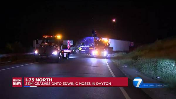 Semitrailer travels off I-75 North in Dayton, crashes onto exit ramp to Edwin C. Moses Boulevard