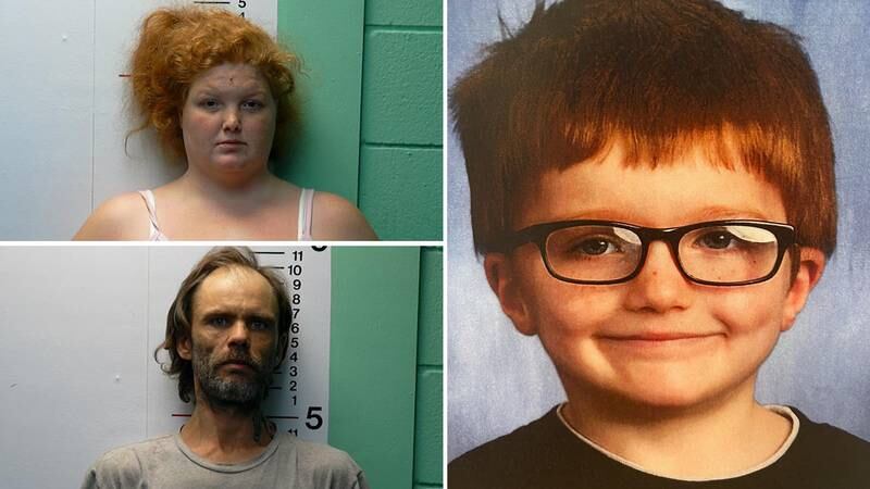 Police said Brittany Gosney (top left) and James Hamilton (bottom left) have been charged in connection with the murder and disappearance of the body of Gosney's 6-year-old son James Hutchinson.