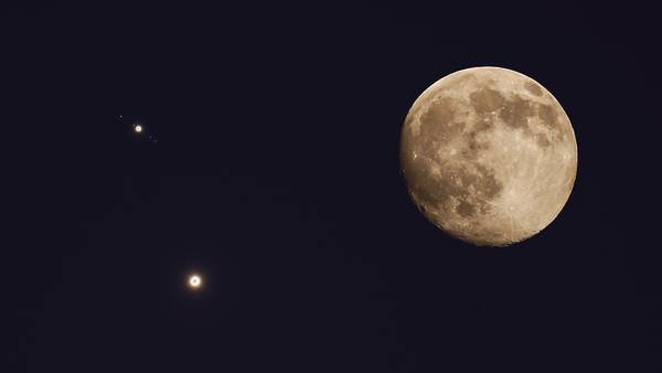 Look across evening sky for full moon, Jupiter and Venus