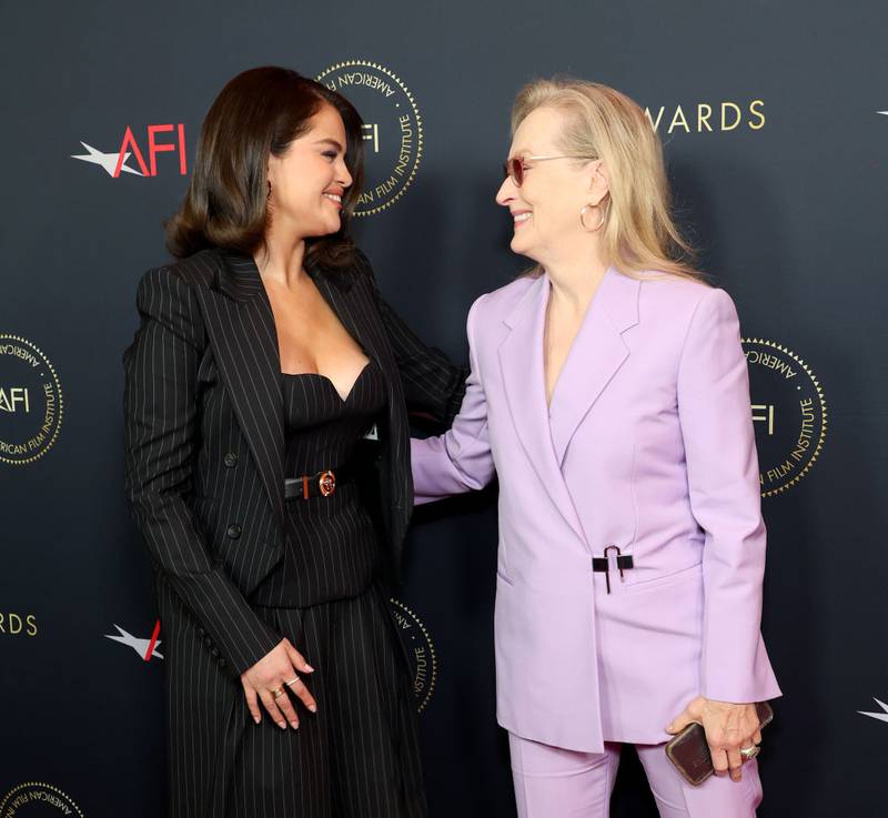 LOS ANGELES, CALIFORNIA - JANUARY 12: (L-R) Selena Gomez and Meryl Streep attend the AFI Awards Luncheon at Four Seasons Hotel Los Angeles at Beverly Hills on January 12, 2024 in Los Angeles, California. (Photo by Monica Schipper/Getty Images)