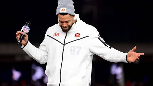 ‘I’m not missing the biggest game of my life;’ Bengals TE Uzomah rips off knee brace at fan rally