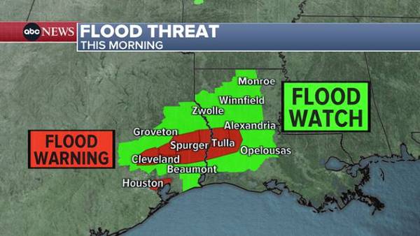 Severe thunderstorm watch in effect in parts of Texas, Louisiana, as rain soaks region