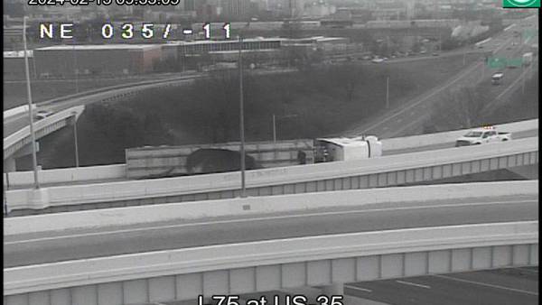 UPDATE: All lanes open after semi overturns on I-75 ramp