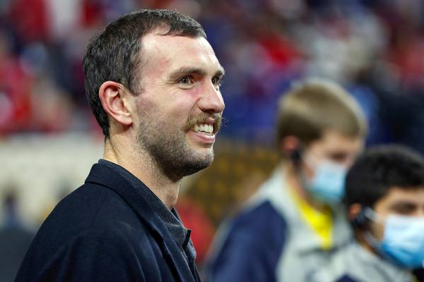 Andrew Luck, enjoying retirement, reports to Niners postgame dressed as his own Civil War meme