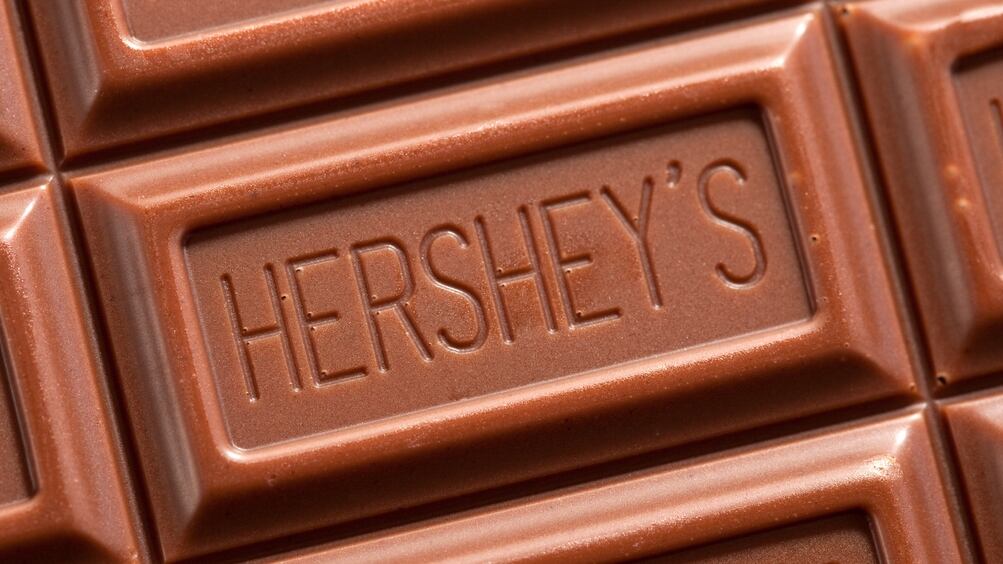 Close up shot of a Hershey's Chocolate Bar.
