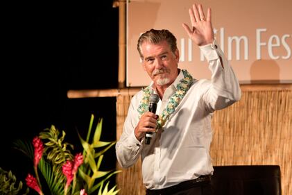 WAILEA, HI - JUNE 23: Pierce Brosnan. recipient of the Pathfinder Award, speaks during the "Celestial Cinema" on day three of the 2017 Maui Film Festival At Wailea on June 23, 2017 in Wailea, Hawaii. (Photo by Matt Winkelmeyer/Getty Images)