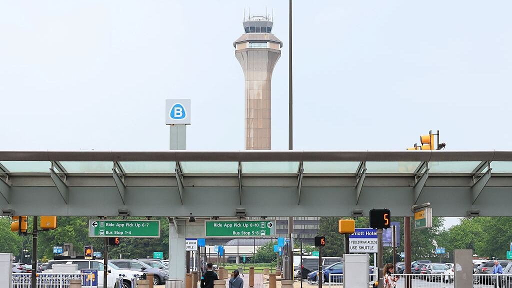 A traffic tower is seen at Newark Liberty International Airport on May 14, 2025 in Newark, New Jersey.