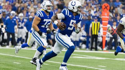 Oct 1, 2023; Indianapolis, Indiana, USA; Indianapolis Colts quarterback Anthony Richardson (5) runs the ball in the first quarter against the Los Angeles Rams at Lucas Oil Stadium. Mandatory Credit: Trevor Ruszkowski-USA TODAY Sports
