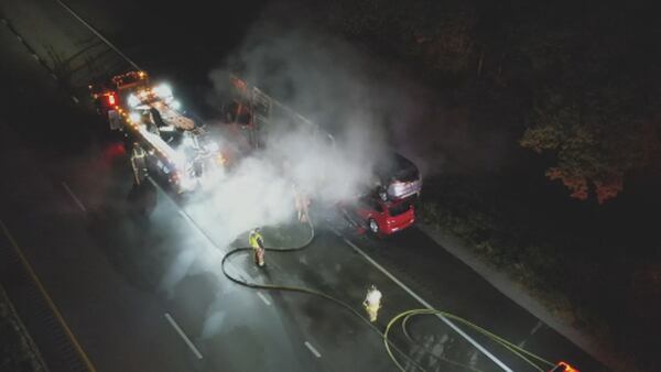 Semi truck carrying cars destroyed after overnight fire on I-70 in Clayton 